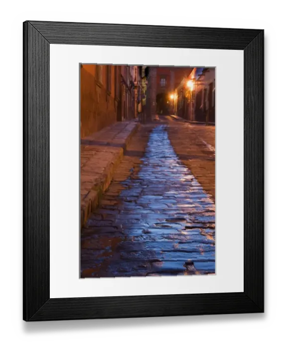 Framed Print : Mexico, San Miguel de Allende. Lanterns reflect on pre-dawn cobblestone street. Credit as