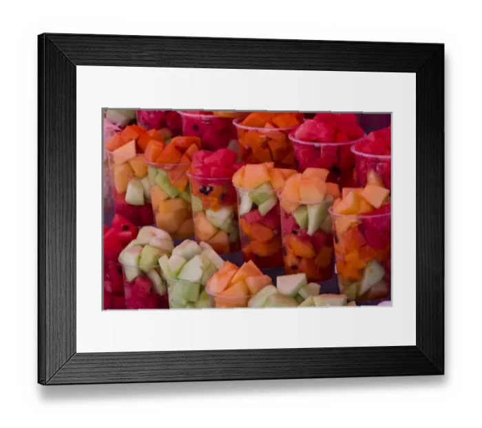Framed Print : Mexico, San Miguel de Allende. Array of fruit cups for sale at a market