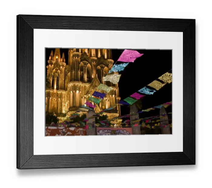 Framed Print : Mexico, San Miguel de Allende. Festival banners fly at night in front of illuminated Framed Print : Mexico, San Miguel de Allende. Festival banners fly at night in front of illuminated