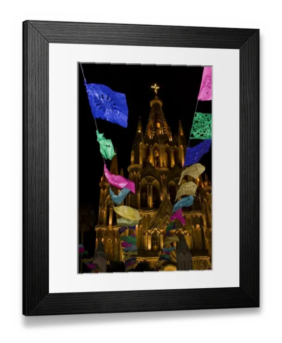Framed Print : Mexico, San Miguel de Allende. Festival banners fly at night in front of illuminated Framed Print : Mexico, San Miguel de Allende. Festival banners fly at night in front of illuminated