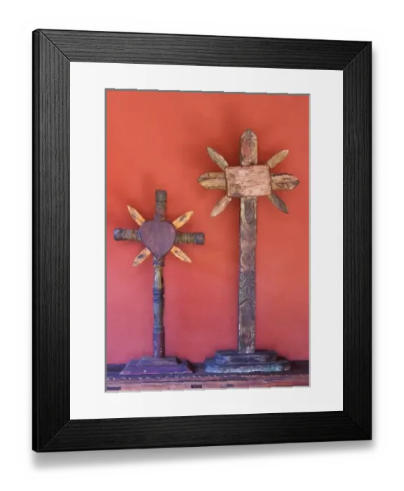 Framed Print : Mexico, San Miguel de Allende. Two wooden crosses against red wall Framed Print : Mexico, San Miguel de Allende. Two wooden crosses against red wall