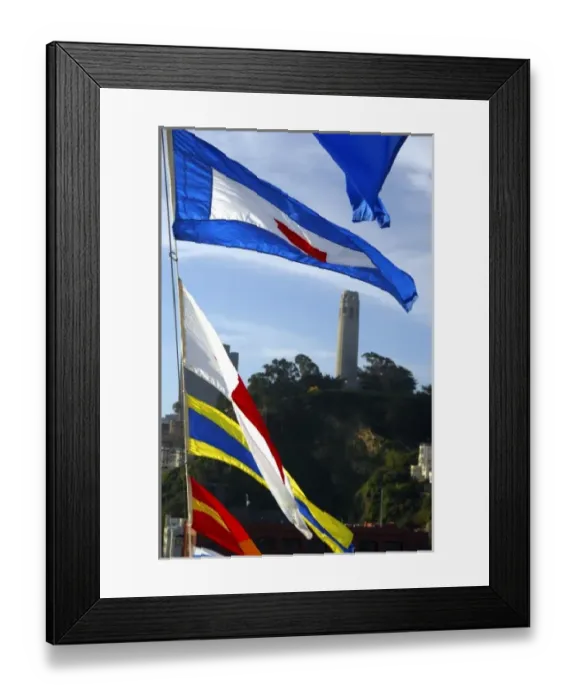 Framed Print : North America, USA, California, San Francisco. Coit Tower with nautical flags