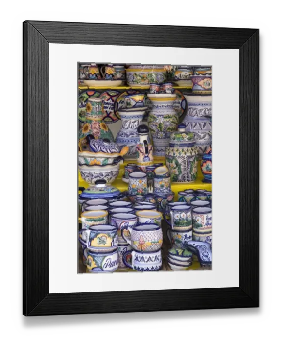 Framed Print : Talavera pottery being sold at an outdoor market in the city of Puebla, Puebla, Mexico Framed Print : Talavera pottery being sold at an outdoor market in the city of Puebla, Puebla, Mexico