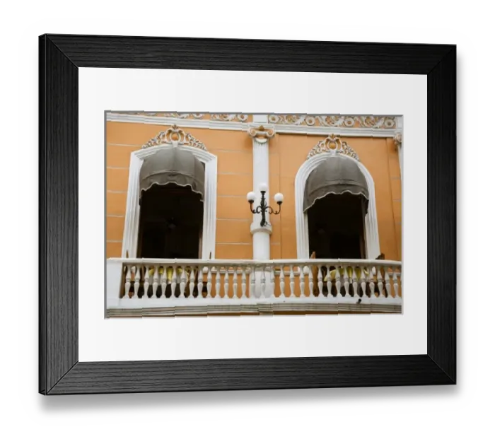 Framed Print : North America, Mexico, Yucatan, Merida. The outside eating balcony of a restaurant in downtown Merida