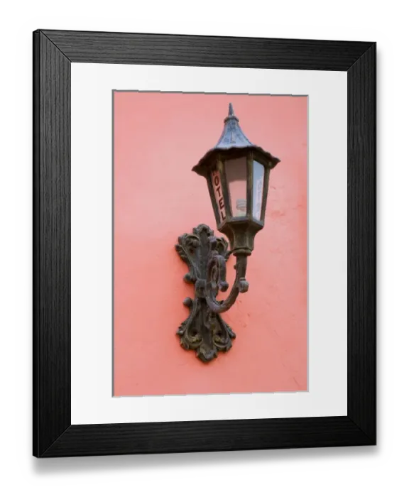 Framed Print : North America, Mexico, Yucatan, Merida. Hotel lamppost on a pink exterior wall