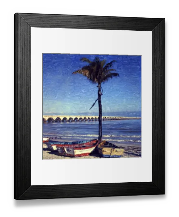 Framed Print : North America, Mexico, Yucatan, Progresso. Rowboats and palm tree and Progresso pier Framed Print : North America, Mexico, Yucatan, Progresso. Rowboats and palm tree and Progresso pier