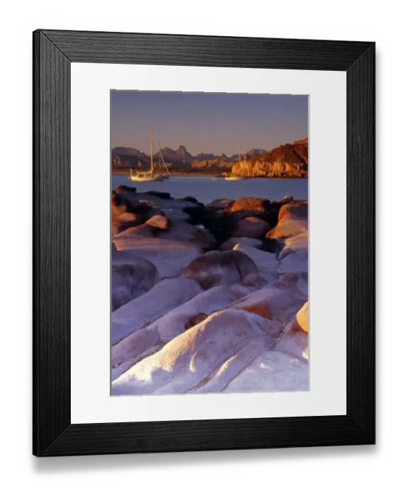 Framed Print : Mexico, Baja Peninsula, Sea of Cortez, Puerto Gato, sailboats at sunrise from sandstone