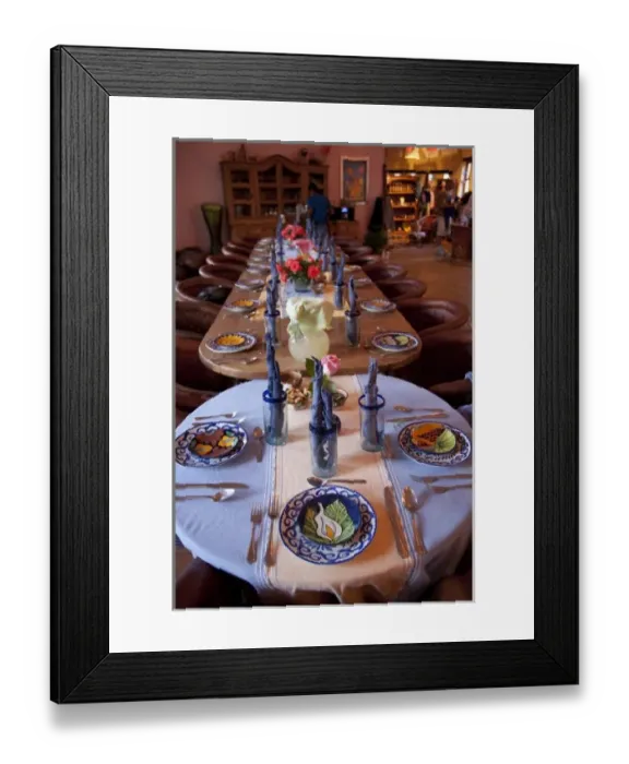 Framed Print : Mexico, Oaxaca Province, Oaxaca, long dining table, set for dinner after cooking class Framed Print : Mexico, Oaxaca Province, Oaxaca, long dining table, set for dinner after cooking class