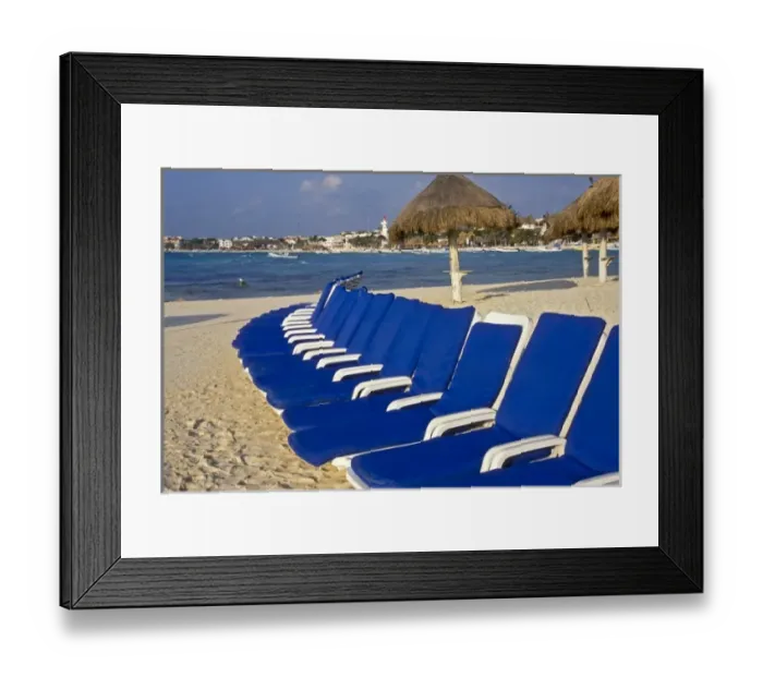 Framed Print : Blue Chairs on the sandy beach at Playa del Carmen; Yucatan Peninsula; Mexico