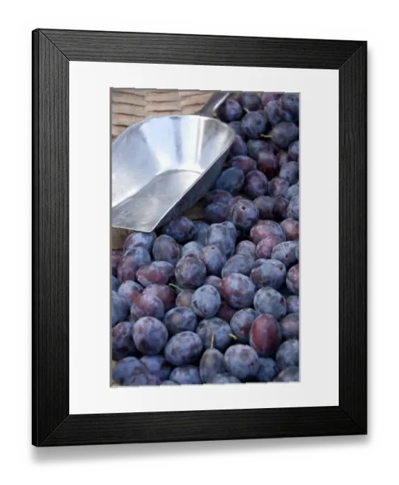 Framed Print : Germany, Bavaria, Passau. Open-air farmers market, ripe plums with scoop