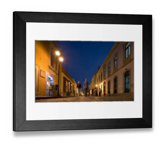 Framed Print : Mexico, Oaxaca, Window shoppers walk along cobblestone pedestrian street past galleries Framed Print : Mexico, Oaxaca, Window shoppers walk along cobblestone pedestrian street past galleries