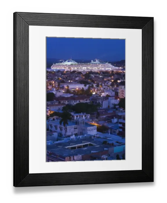 Framed Print : Mexico, Sinaloa State, Mazatlan. City View with Cruiseship  /  Evening