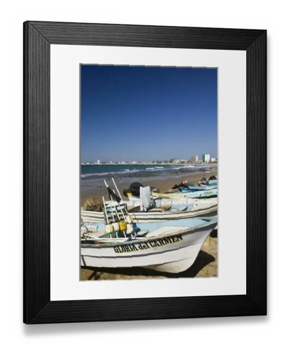 Framed Print : Mexico, Sinaloa State, Mazatlan. Playa Norte Beach- Fishing Boats
