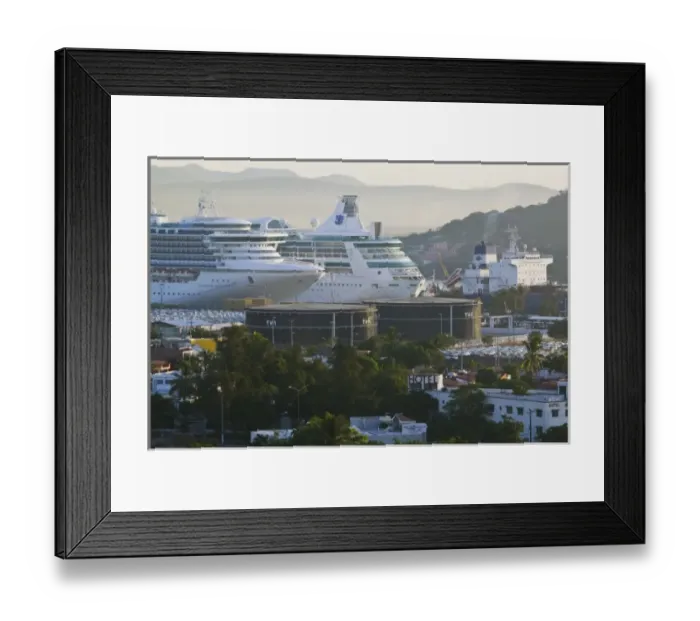 Framed Print : Mexico, Sinaloa State, Mazatlan. Port of Mazatlan View with Cruise ship  /  Morning