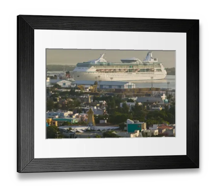 Framed Print : Mexico, Sinaloa State, Mazatlan. Port of Mazatlan View with Cruise ship  /  Morning