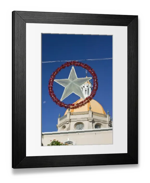 Framed Print : Mexico, Colima, Colima City. Cathedral and Holiday Decorations