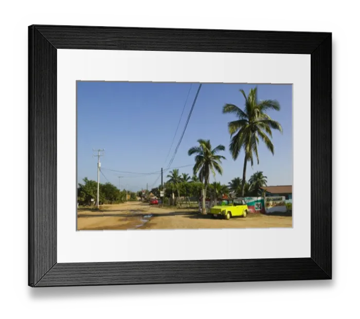 Framed Print : Mexico, Guerrero, Troncones. Downtown Troncones & Volkswagen Thing Car