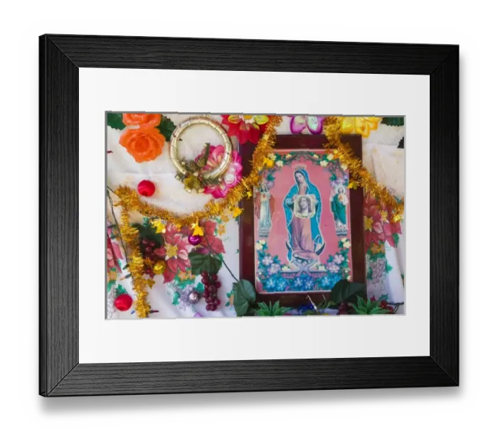 Framed Print : Mexico, Guerrero, Barra de Potosi. Detail of Small Virgin of Guadalupe shrine