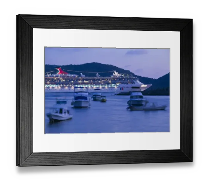 Framed Print : Mexico, Guerrero, Zihuatanejo. Cruiseship off Playa Municipal  /  Dusk