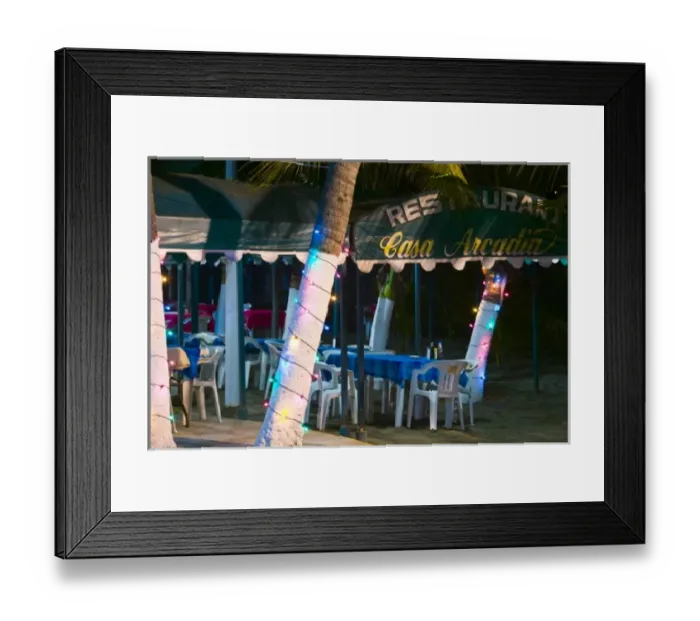 Framed Print : Mexico, Guerrero, Zihuatanejo. Beachside Cafe  /  Playa Municipal  /  Evening