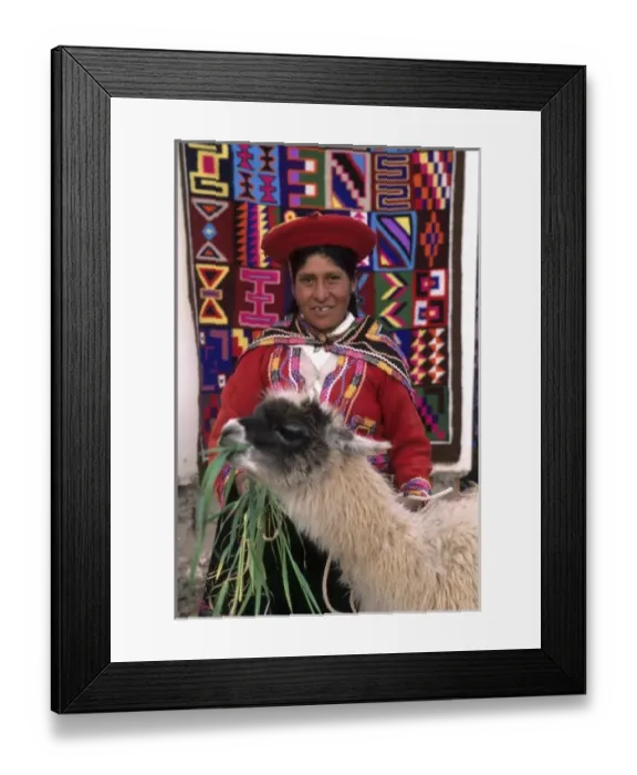 Framed Print : Life in Peru Cuzco in the mountains with native woman and her llama and color rug (MR) Framed Print : Life in Peru Cuzco in the mountains with native woman and her llama and color rug (MR)