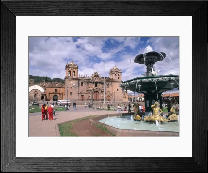 Framed Print : Life in Peru Cuzco in the mountains statues & fountain in Town Square and Cathedral