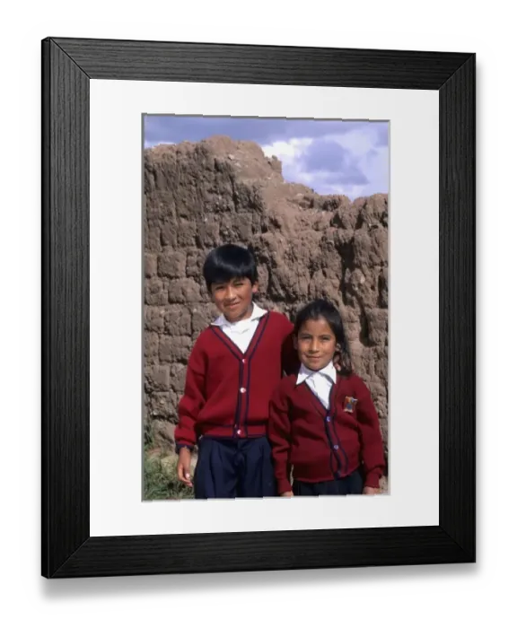 Framed Print : Life in Peru Cuzco close-up of school children in colorful uniforms in high elevation