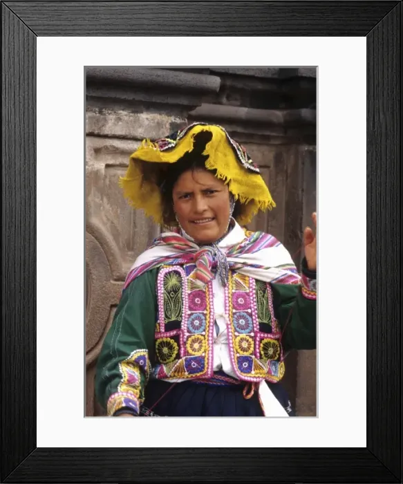 Framed Print : Life in Peru Cuzco in the mountains with native woman and her colorful dress high elevation