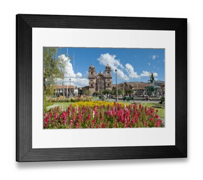Framed Print : Beautiful visual image of Main Square thru flowers in sunshine of Cusco Cuzco Peru and La Compania Framed Print : Beautiful visual image of Main Square thru flowers in sunshine of Cusco Cuzco Peru and La Compania