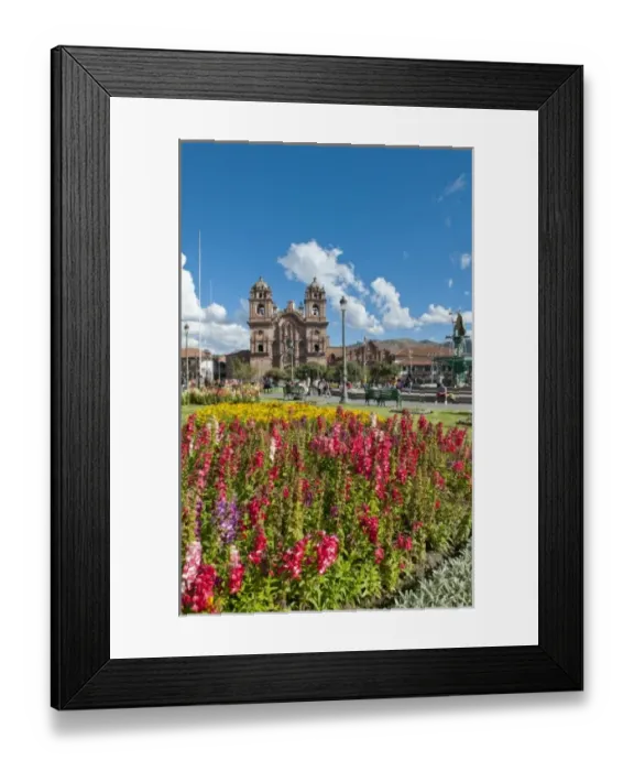 Framed Print : Beautiful visual image of Main Square thru flowers in sunshine of Cusco Cuzco Peru and La Compania Framed Print : Beautiful visual image of Main Square thru flowers in sunshine of Cusco Cuzco Peru and La Compania