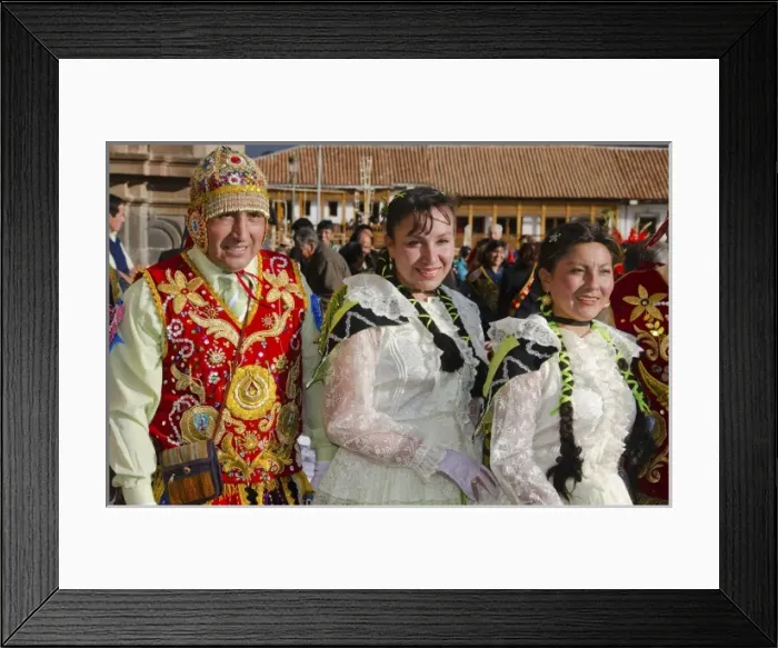 Framed Print : Dancers in bright beads and traditional dress in Main Square in Cusco Cuzco Peru South America