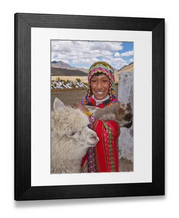 Framed Print : High peak at 13, 000 feet of La Raya Peru with young boy with llama portrait (MR)