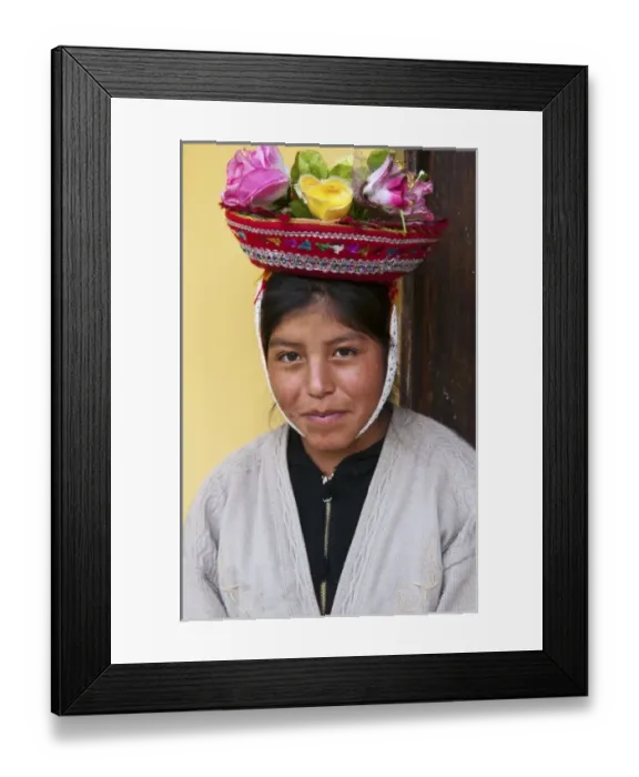 Framed Print : Traditional woman in colorful flower hat; in small town of Pisaq Peru (MR) Framed Print : Traditional woman in colorful flower hat; in small town of Pisaq Peru (MR)