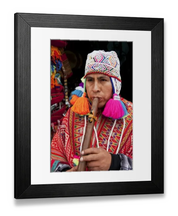 Framed Print : Real Shaman religious man playing music in small town of Pisaq Peru (MR) Framed Print : Real Shaman religious man playing music in small town of Pisaq Peru (MR)