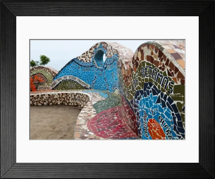 Framed Print : Tile ceramics on bench near ocean at the Love Park in Lima Peru