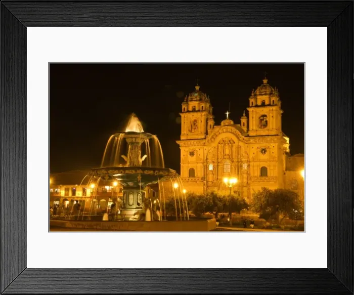 Framed Print : Peru, Cusco, Night view of fountain and Cathedral of Cusco, Plaza de Armas Framed Print : Peru, Cusco, Night view of fountain and Cathedral of Cusco, Plaza de Armas