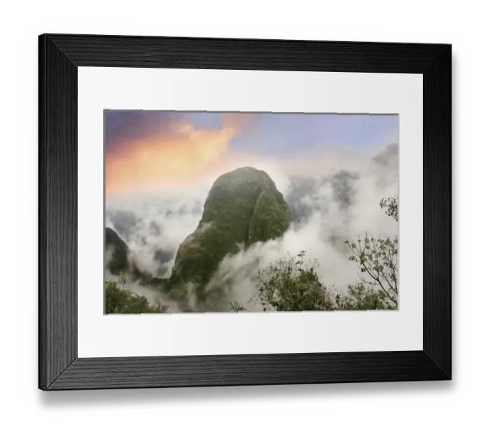 Framed Print : Peru, Machu Picchu, the ancient lost city of the Inca shrouded in mist and clouds at sunrise