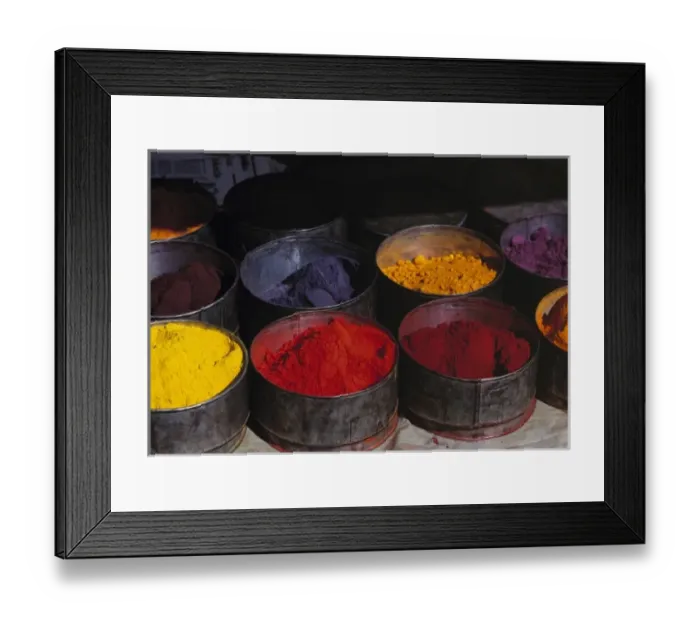 Framed Print : South America, Peru, Huaylas. Pots of dye offer the shopper a variety of colors