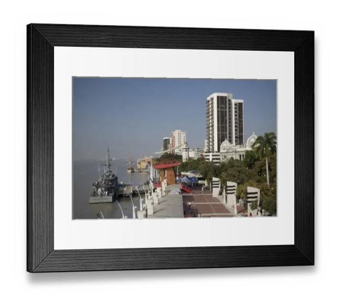 Framed Print : Ecuador, Guayaquil. Overlooking the Malecon tourist area with a navy ship docked nearby