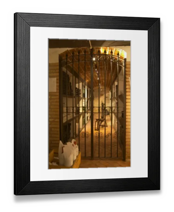 Framed Print : An iron gate leading in to the private wine cellar with aging bottles. Bodega Pisano Winery Framed Print : An iron gate leading in to the private wine cellar with aging bottles. Bodega Pisano Winery