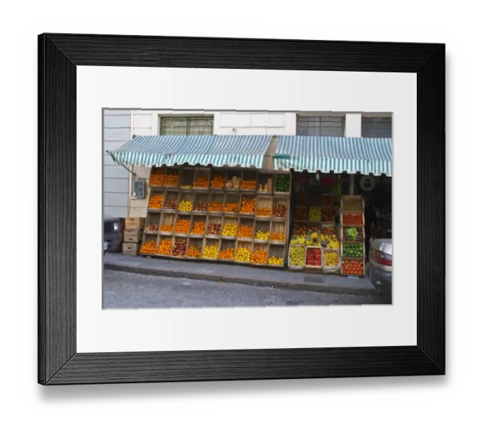 Framed Print : A fruit and vegetable shop displaying products in wooden crates on the street: tomatoes Framed Print : A fruit and vegetable shop displaying products in wooden crates on the street: tomatoes