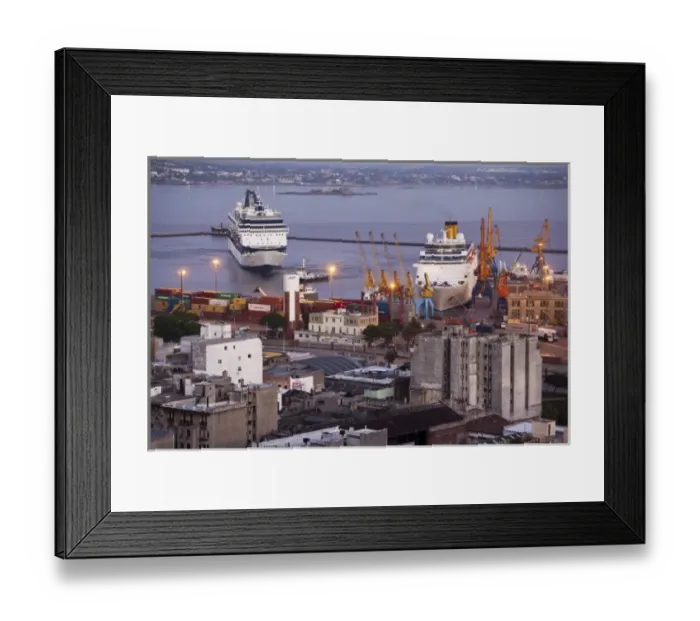 Framed Print : Uruguay, Montevideo Department, Montevideo. Cruise ship in port, aerial, dawn