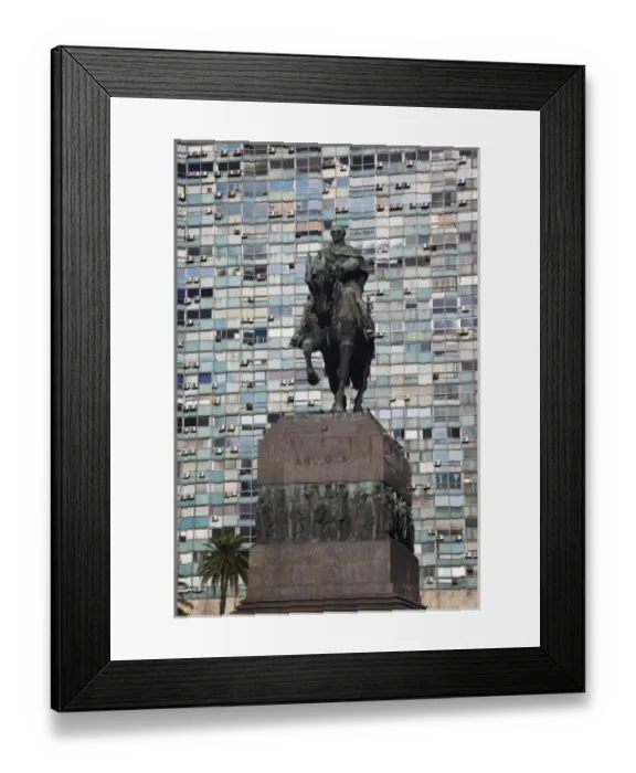 Framed Print : Uruguay, Montevideo Department, Montevideo. General Artigas statue and Edificio de Framed Print : Uruguay, Montevideo Department, Montevideo. General Artigas statue and Edificio de