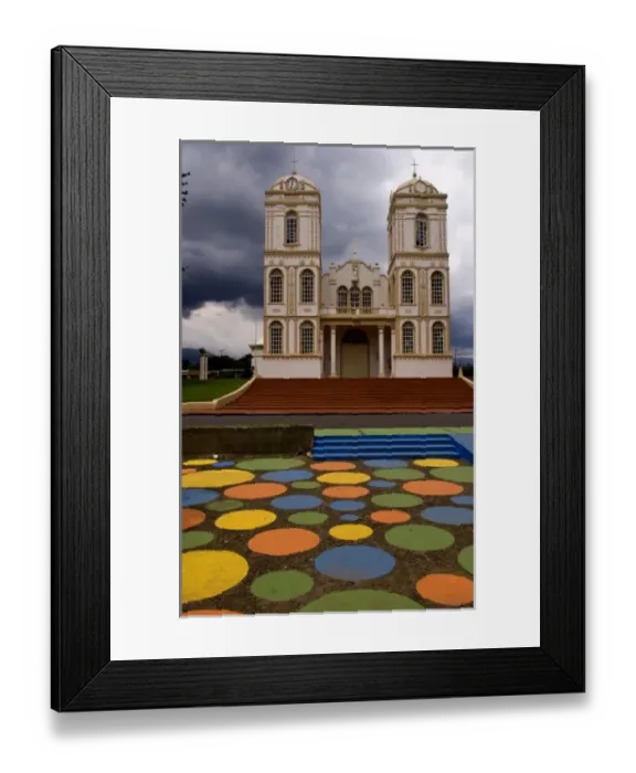 Framed Print : Beautiful old cathedral church and painted dots on pavement in Sarchi Norte in Costa Framed Print : Beautiful old cathedral church and painted dots on pavement in Sarchi Norte in Costa