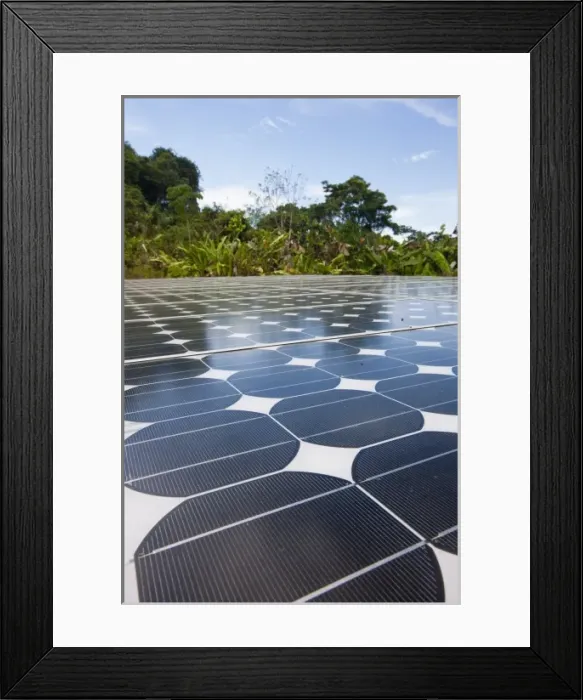 Framed Print : Solar panels under a blue sky power Sirena Biological Station in the heart of