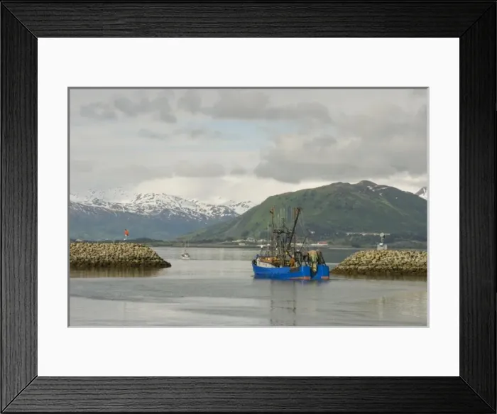 Framed Print : USA, Alaska, Kodiak, Fishing Boat Leaving St. Herman Harbor
