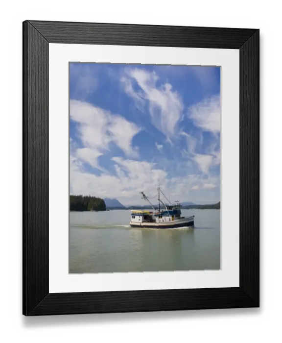 Framed Print : USA, Alaska, Frederick Sound. Clouds, Mares tails, kayak mothership Home Shore Framed Print : USA, Alaska, Frederick Sound. Clouds, Mares tails, kayak mothership Home Shore