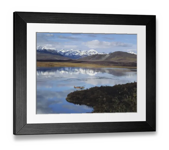 Framed Print : Float Plane on Lake, Denali Highway, Alaska Mountain range in background, Alaska