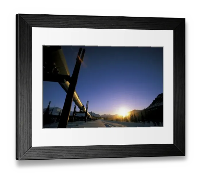 Framed Print : USA, USA, Alaska, Brooks Range. Winter sun sets over the Trans-Alaska Oil Pipeline Framed Print : USA, USA, Alaska, Brooks Range. Winter sun sets over the Trans-Alaska Oil Pipeline