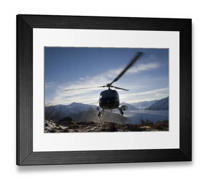 Framed Print : USA, Alaksa, Helicopter landing on summit of Lions Head peak above Matanuska Glacier